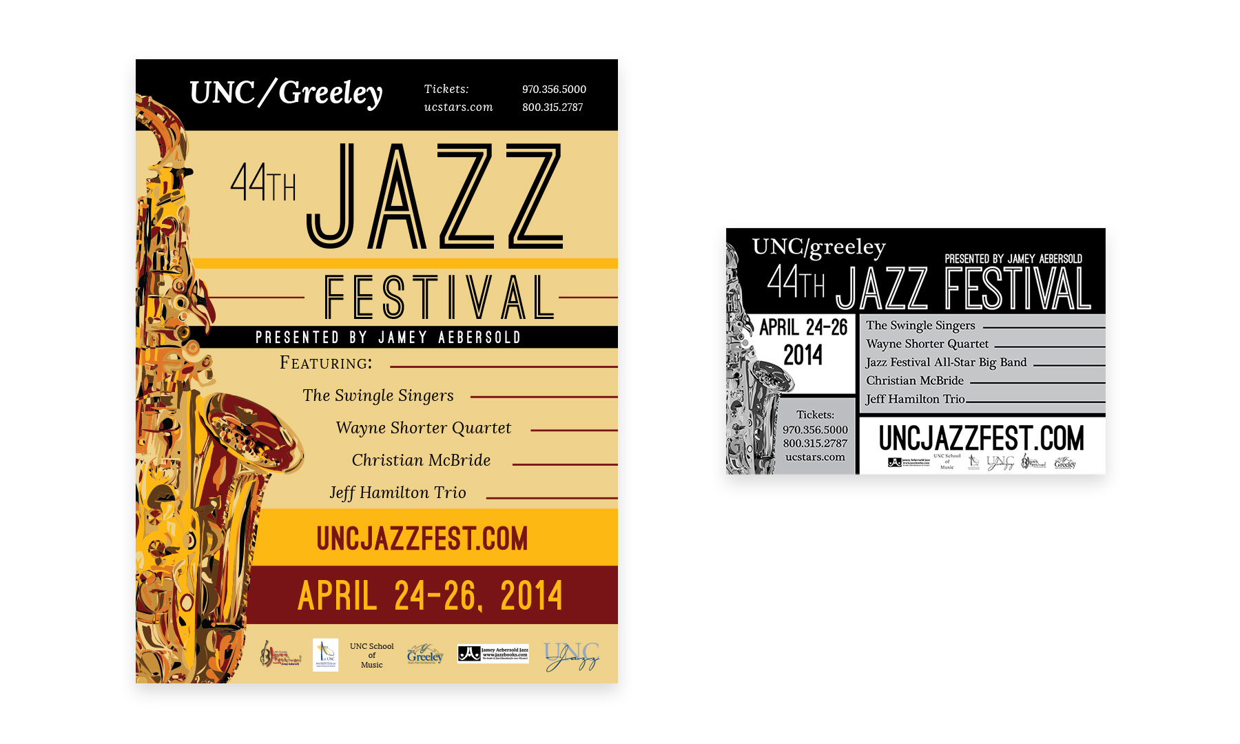Jazz After Dark – Illustrated flyer artwork and text layout concepts for a jazz series hosted at University of Northern Colorado.
